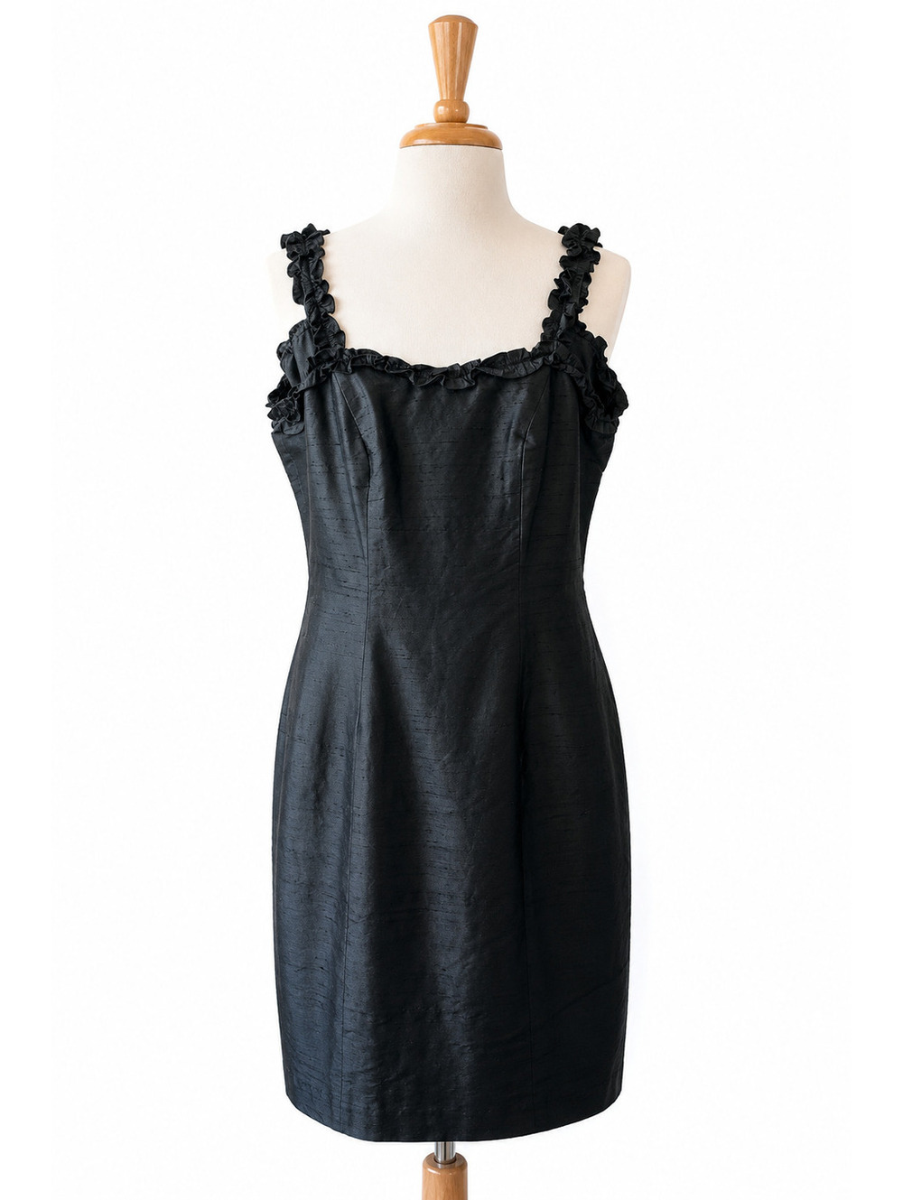 Vintage Geometrie 100% Silk Black Dress Size 4 Ruffle Straps Y2K Cocktail